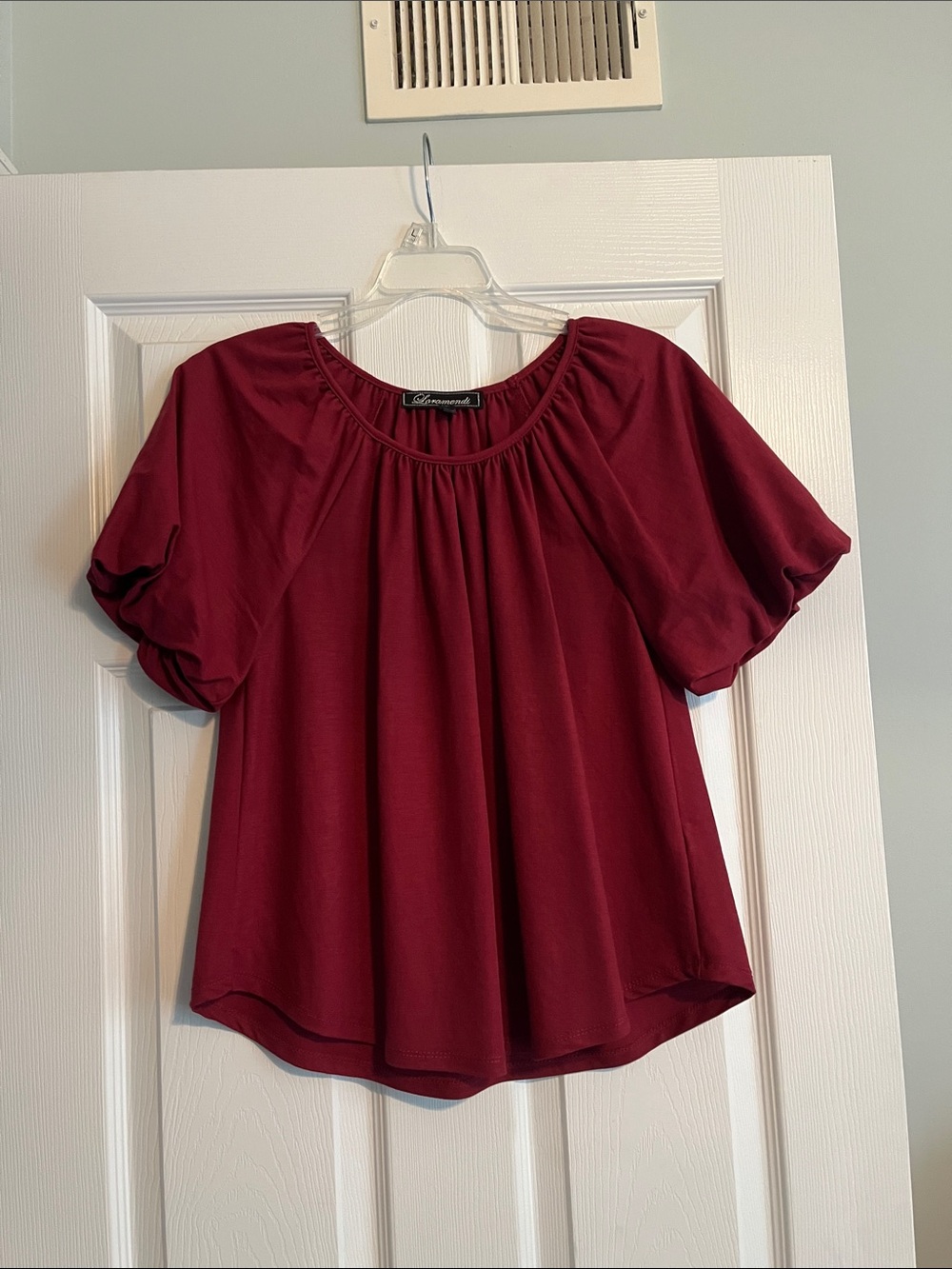 Gathered Neck Short Sleeve Blouse - Burgundy